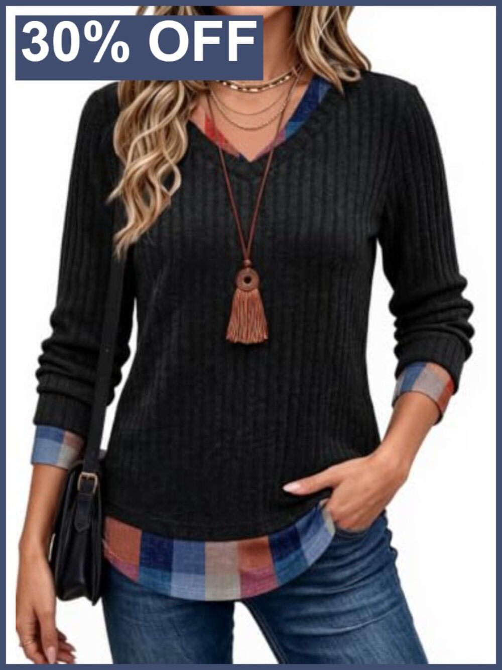 Womens Long Sleeve Tunic Top Faux Layered V-Neck Loose Fit